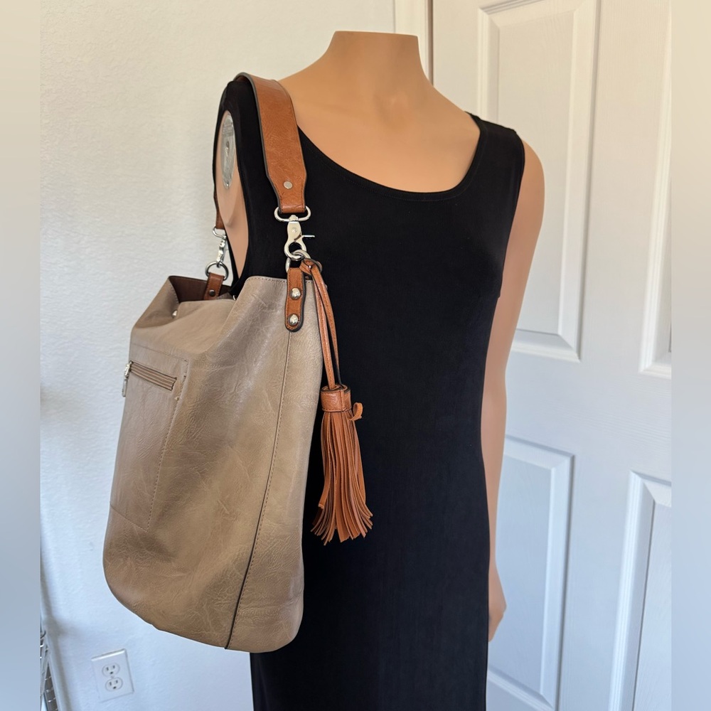 Taupe Leather-Like Bucket Bag with Tassels